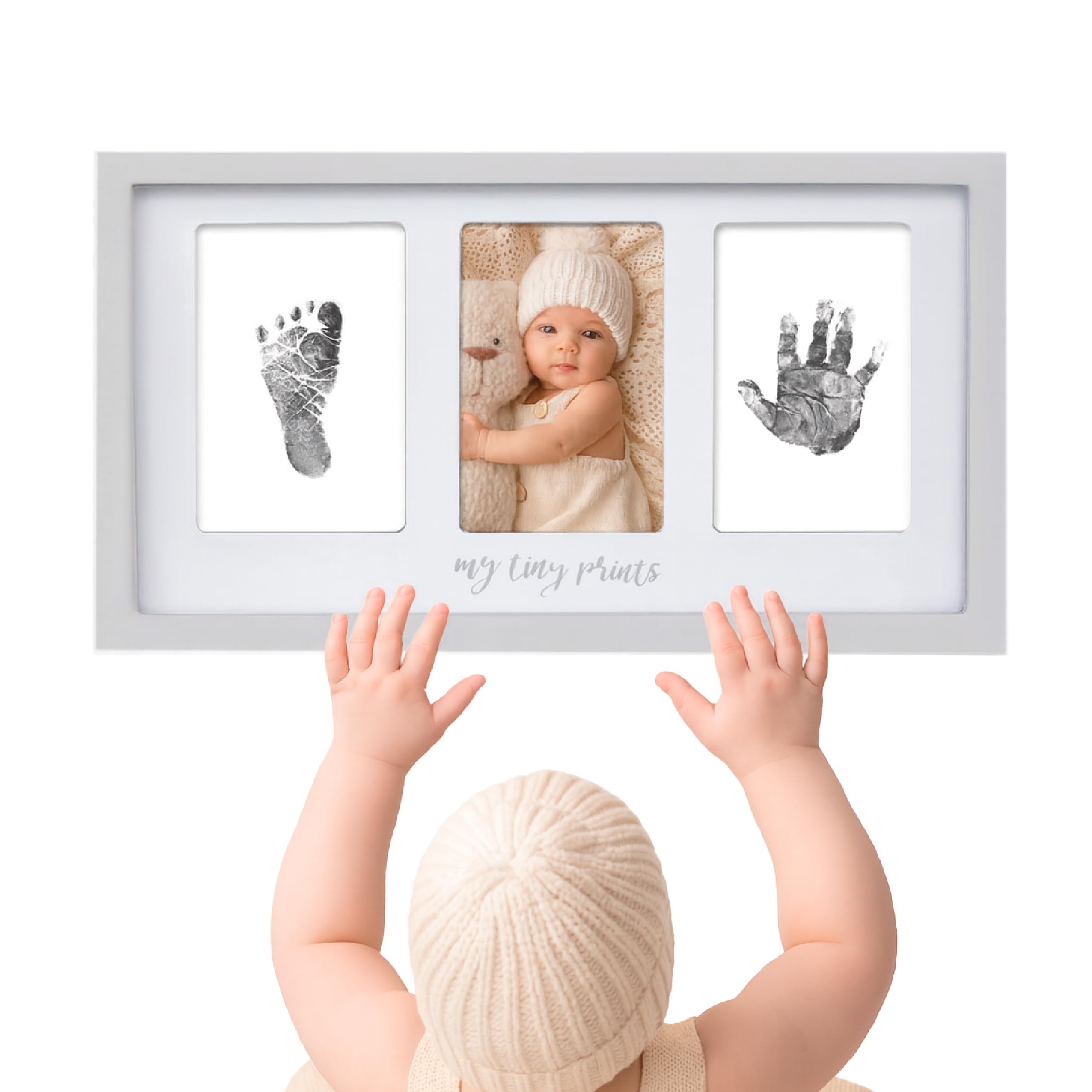 My Tiny Prints Kit de marco de fotos para huellas y huellas de bebé recién nacido con una almohadilla de tinta táctil para crear impresiones de bebé, baby shower o regalo de Navidad (gris)