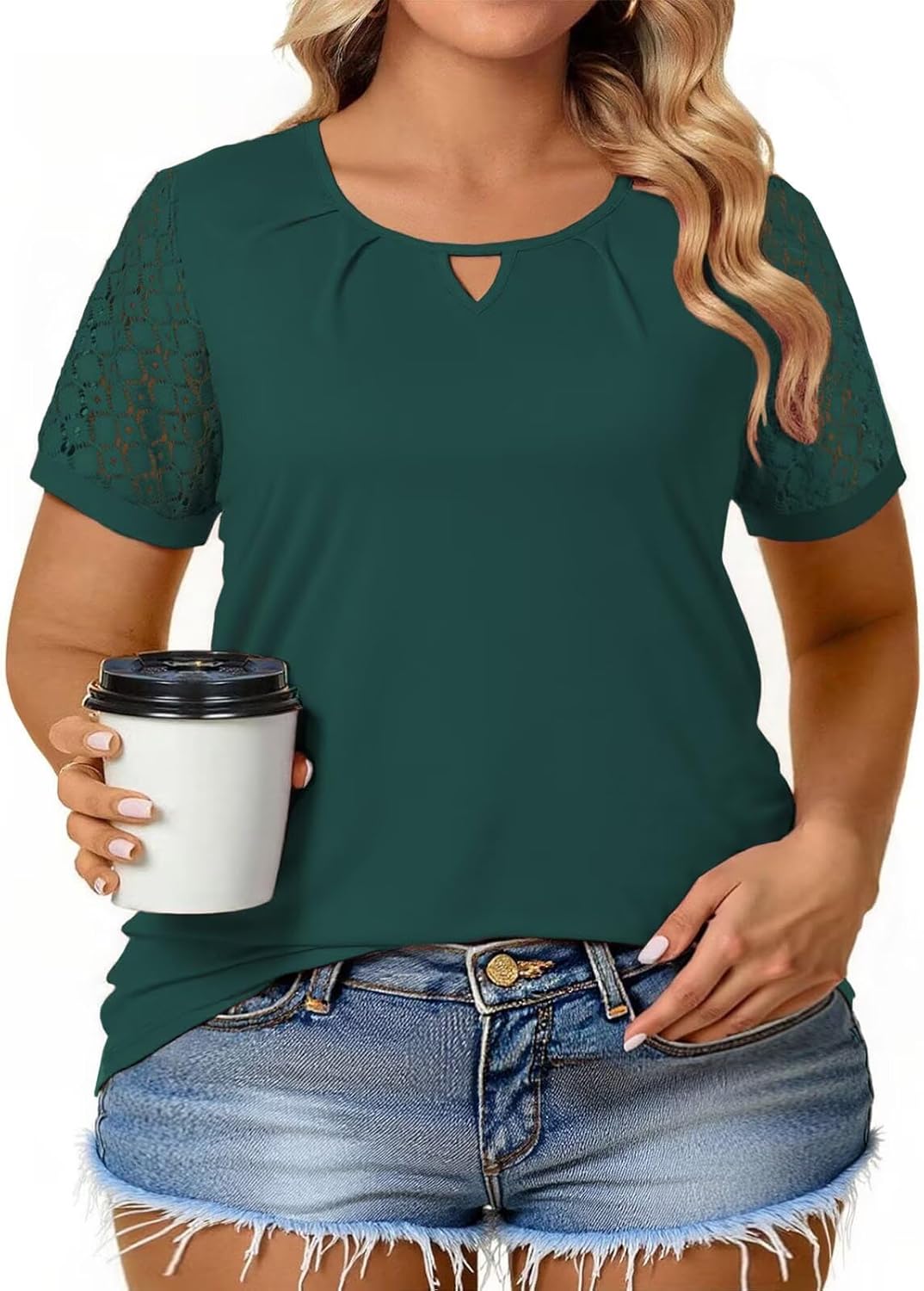 VISLILY Womens-Plus-Size-Summer-Tops Dressy Lace Short Sleeve T Shirts Casual Keyhole Crewneck Blouses Trendy Pleated Tunics