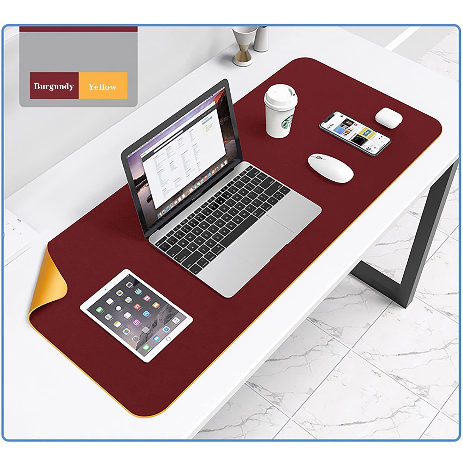 Alfombrilla Ratón, Almohadilla Raton Protector Escritorio Hecho De Cuero PU Impermeable Protector Mesa Escritorio La Oficina Y El Hogar Doble Cara Rojo + Amarillo 110x140cm/43.31x55.12in