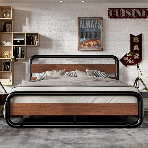 MUTICOR Base de cama de metal tamaño Queen con cabecero y estribo de madera redondoscurvos, marco de cama de plataforma con almacenamiento debajo de