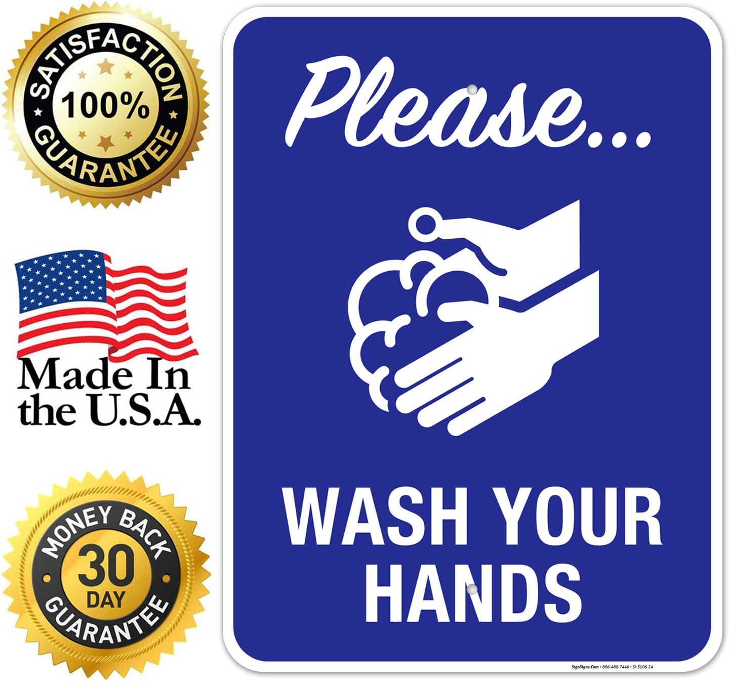 Hand Washing Sign, Please Wash Your Hands Sign, 18x24 Inches, Rust Free .063 Aluminum, Fade Resistant, Indoor/Outdoor Use, Made in USA