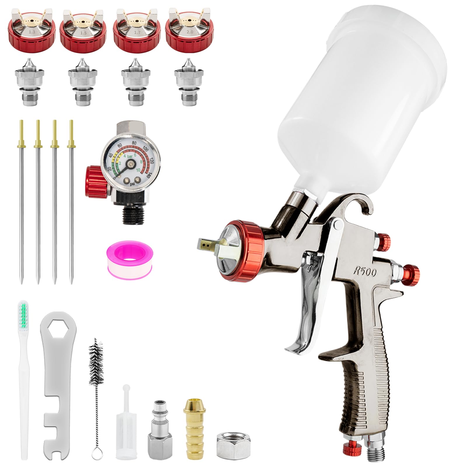 R500 LVLP Pistola a spruzzo Pistola Verniciatura Professionale ad aria compressa con 4 ugelli da 1,3/1,5/1,7/2,0 mm e regolatore d'aria Pistola da Spruzzo per auto e fai da te domestico (4 ugelli)