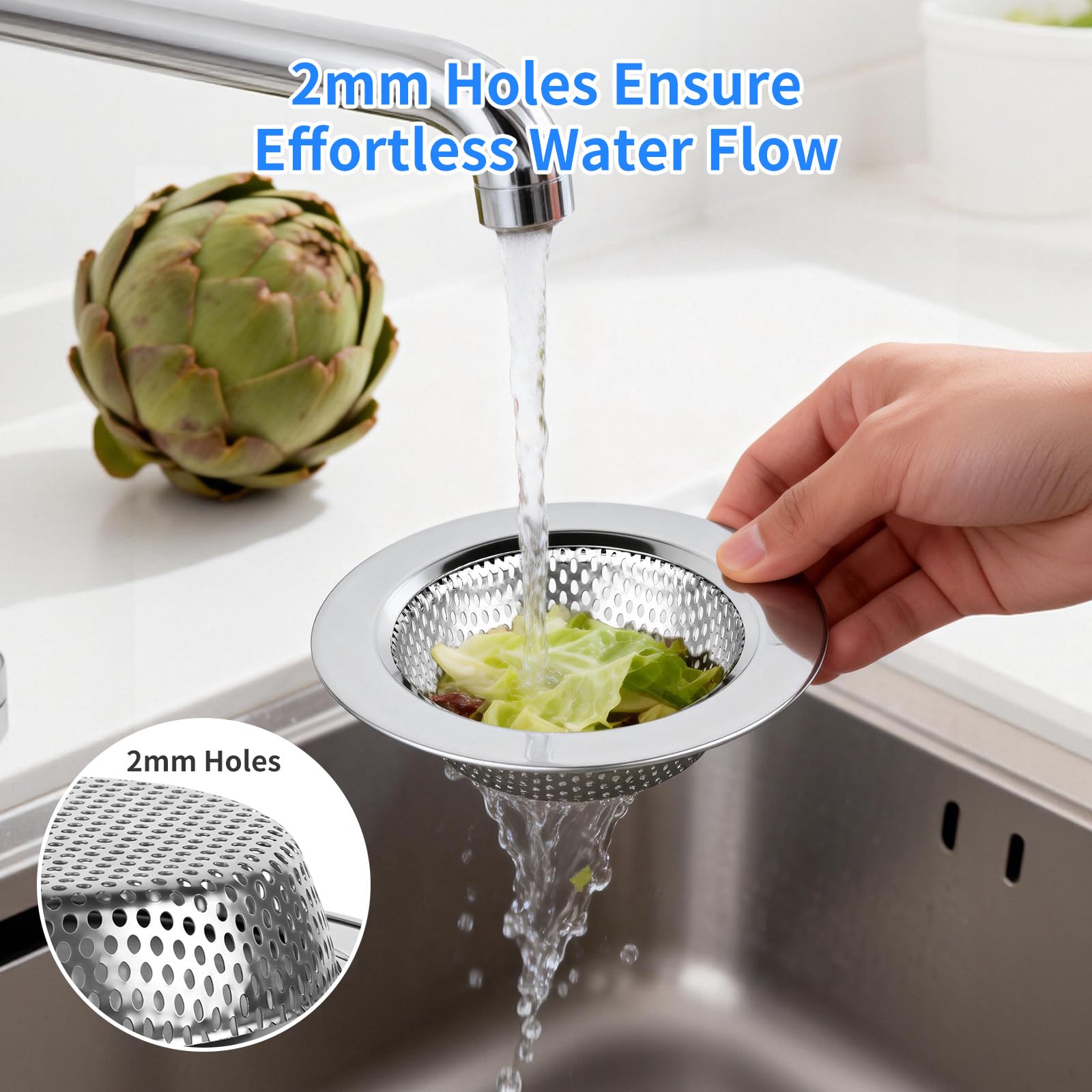 Chefbee Kitchen Sink Drain Strainer - 4 Pack Stainless Steel Sink Drain Cover Filter Food Catcher Basket with Wide Rim 4.4”, Kitchen Accessories - 5