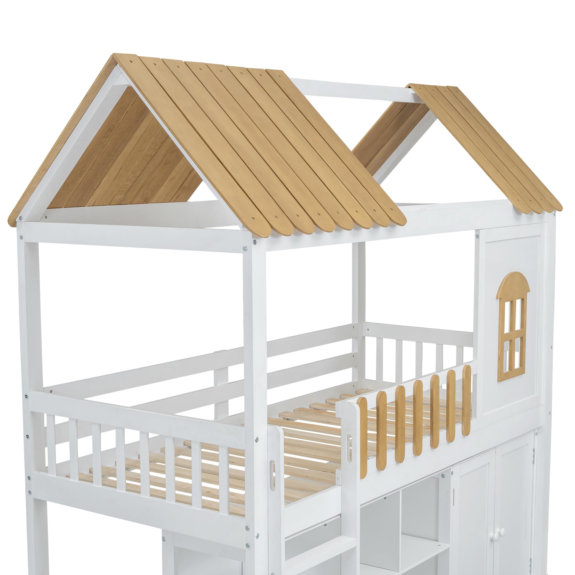 Litera 90 x 200, cama alta con armario, zapatero, ventana, marco de pino, escalera, barandilla estable, litera, cama de juegos, sin colchón