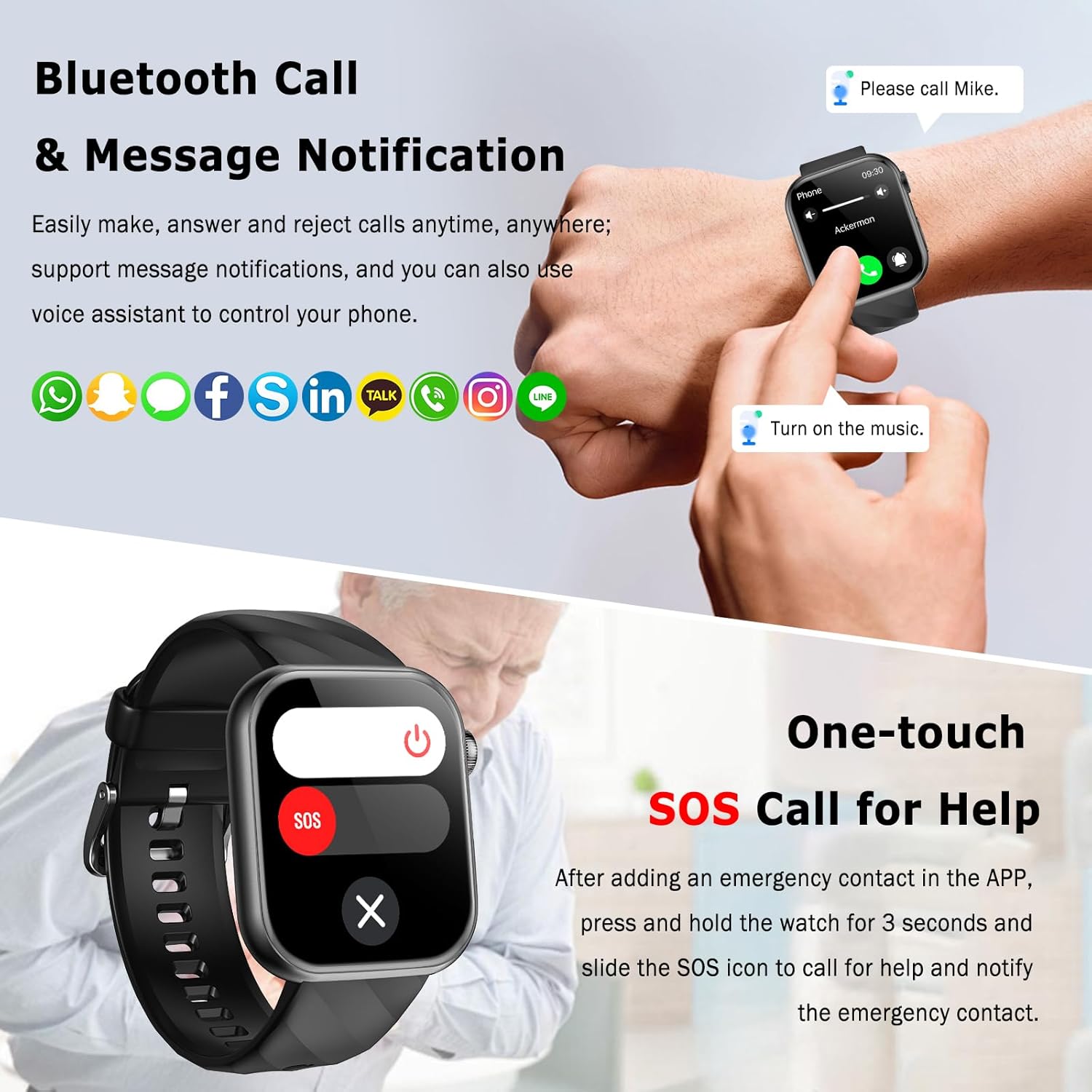 Marsyu MT500 Smartwatch on a wrist, showing an incoming call notification, and another image showing the SOS call screen.