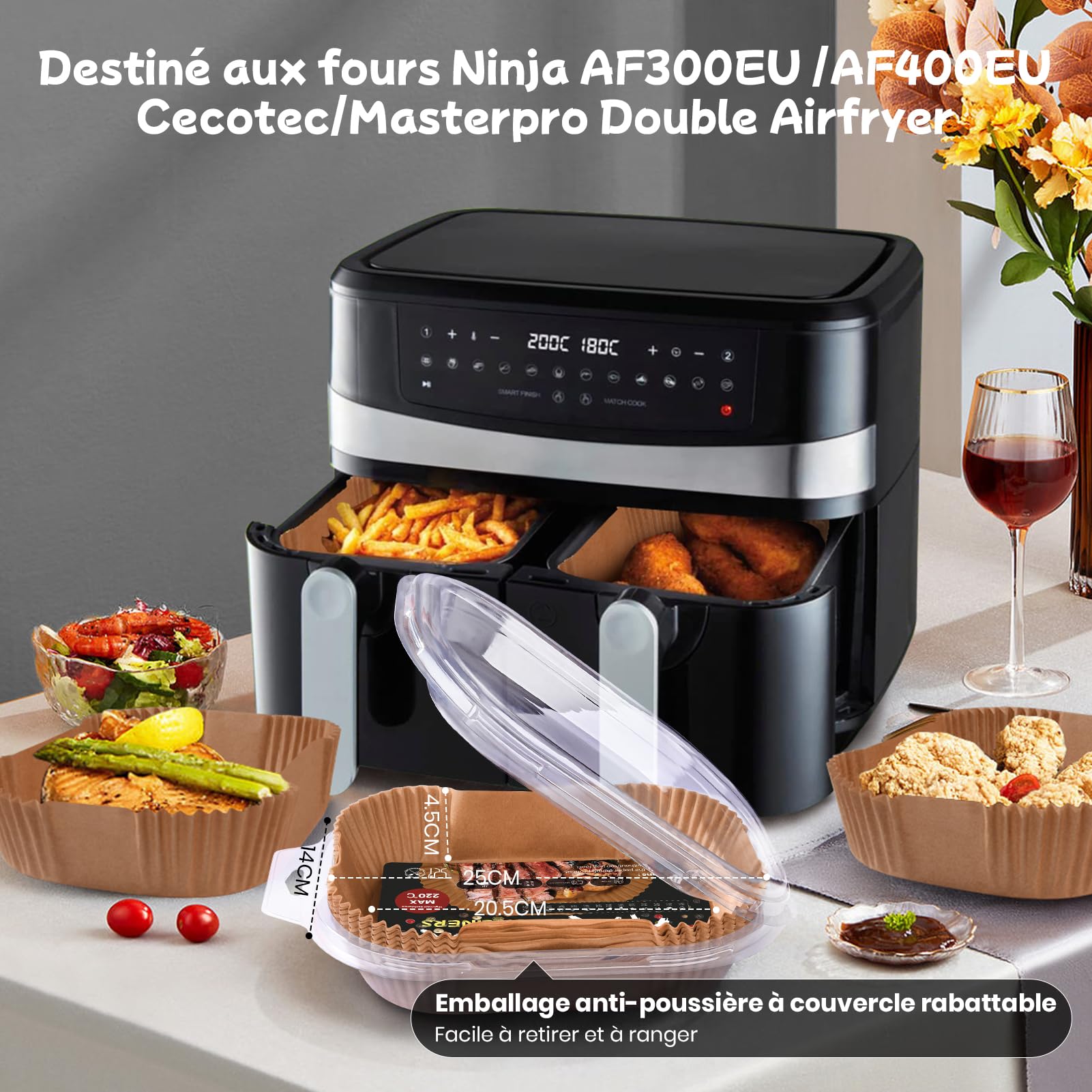 120 Pièces Papier Cuisson Air Fryer, Papier Sulfurisé pour Ninja Foodi Max Air Fryer, 20,5x14cm Rectangulair Paper Liner Friteuse Huile Accessoires pour Ninja AF300EU /AF400EU /Cecotec Double Airfryer