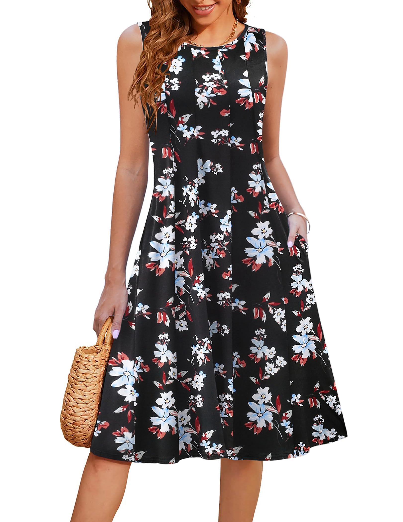 Hotouch Zomerjurk voor dames, elegante ronde hals, midi-jurk, mouwloos, A-lijn, bloemenjurk, casual, jerseyjurk, plooien, strandjurk met zakken, S-XXL, XXL