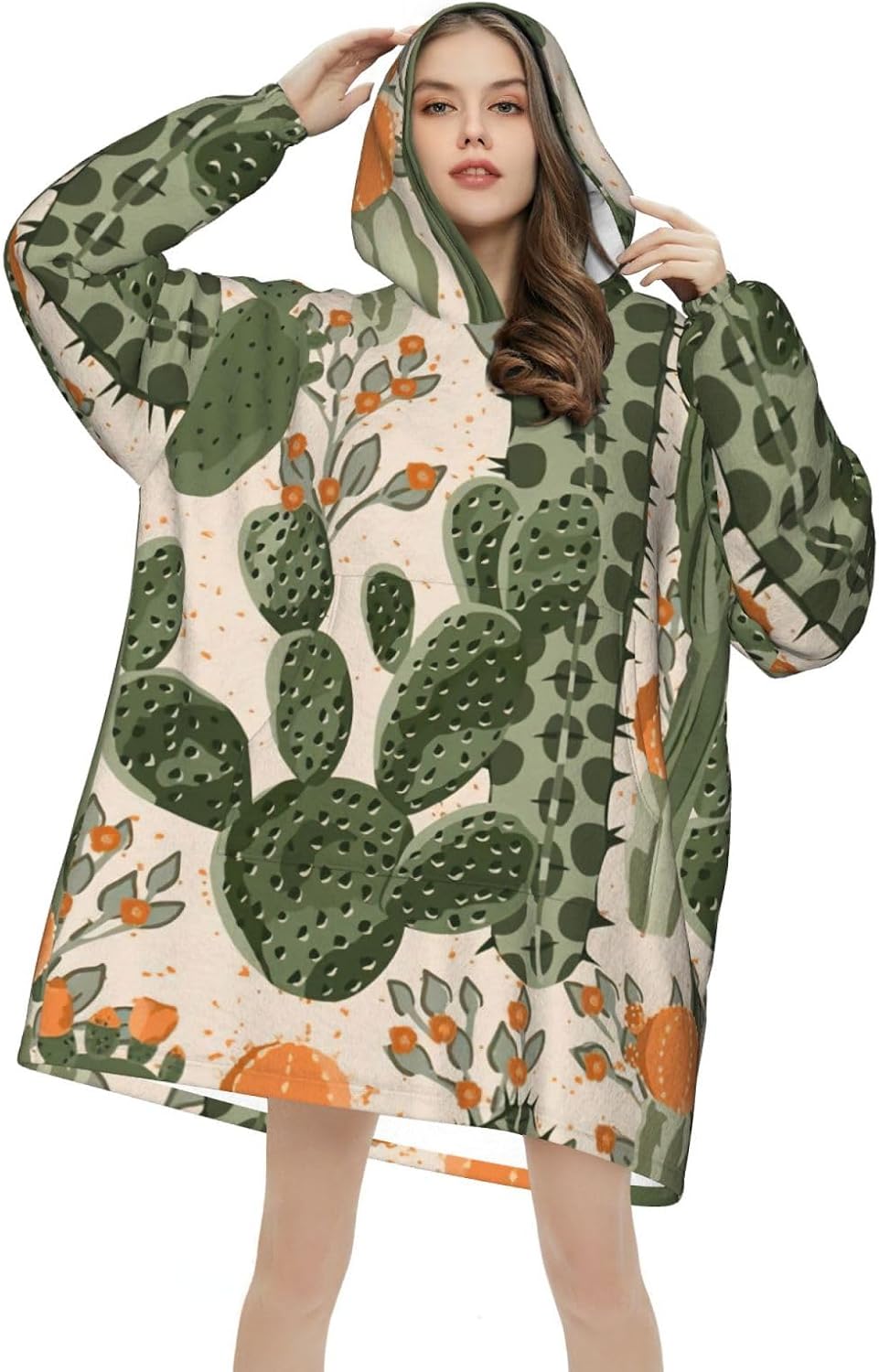 Green Cactusprint Oversized Hoodie Blanket, Super Soft Warm Comfortable Hoodie, Wearable Blanket Adult