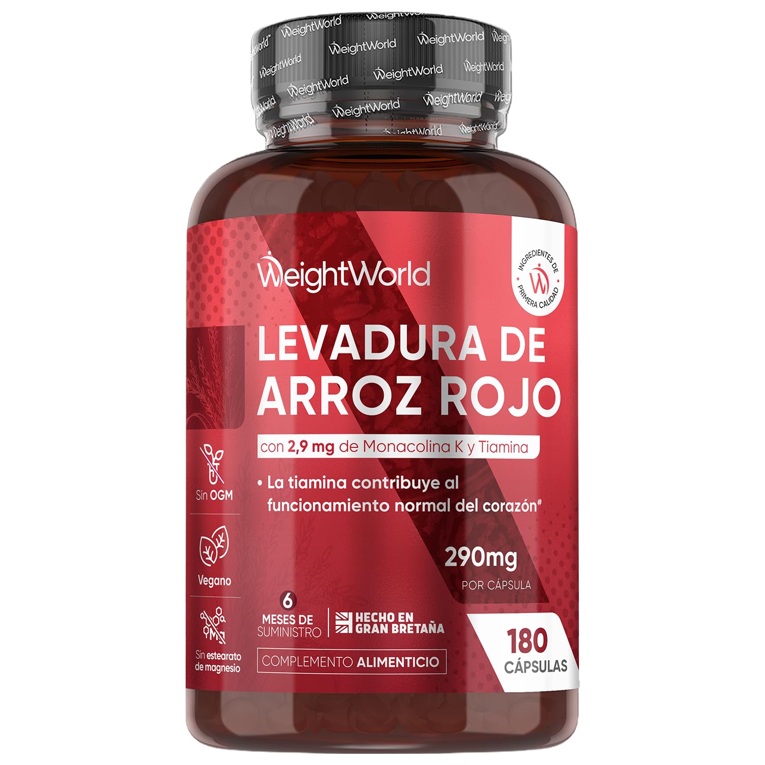 Levadura de Arroz Rojo 290mg, 180 Cápsulas Veganas - Monacolina K Enriquecida con Coenzima Q10 y Vitamina B1 o Tiamina que Contribuye a la Función Normal del Corazón, Para 6 Meses, Sin Gluten ni OGM