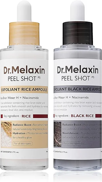 Dr.Melaxin Peel Shot Glow White and Black Rice Ampoule Duo, Soft Exfoliating Face and Body Scrub Dead Skin Cells, Blackheads Remover for All Skin Types