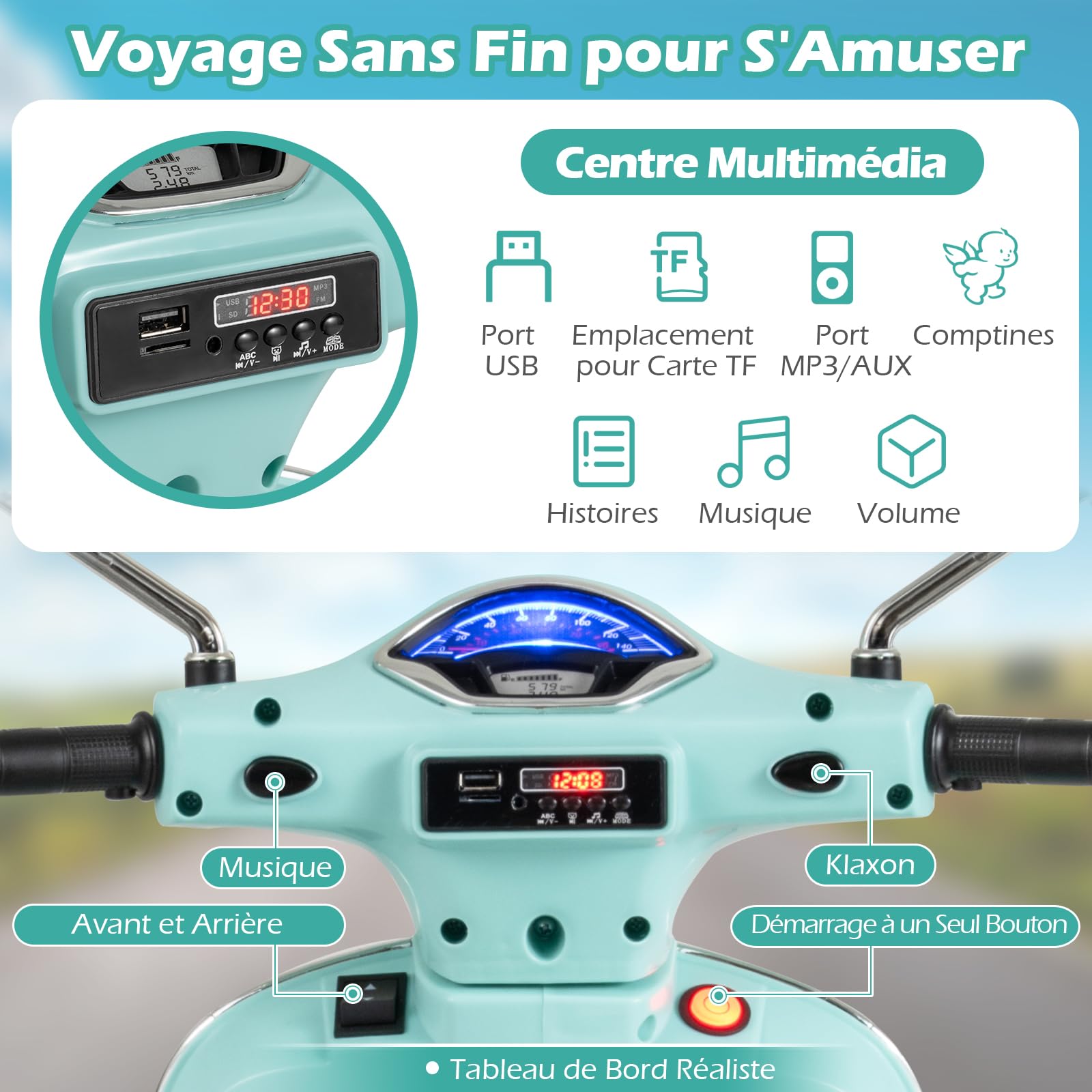 COSTWAY 12V Vespa Moto Électrique Enfant avec Musique Klaxon Histoires Phares LED, Voiture Électrique Enfant avec Roues d'Entraînement Amovibles et Pédale, 2-3 km/h, Charge 30 kg, 3-6 Ans (Vert)