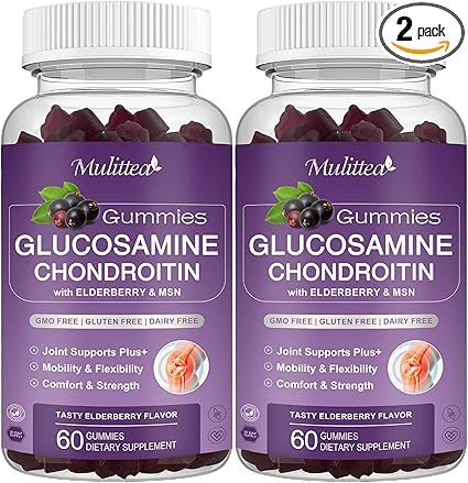 Mulittea Glucosamine Chondroitin Gummies - Extra Strength Joint Support Supplement with MSM & Elderberry for Natural Joint, Antioxidant Immune Support for Adults, Men & Women-(2 Pack)
