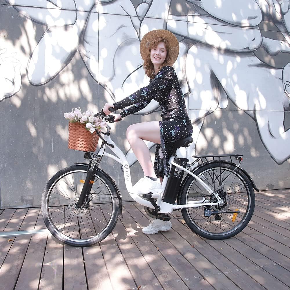 DYU Bicicletta Elettrica,26 pollici Bici Elettrica con Cambio a 6 velocità,12,5 Ah 36 V Batteria Rimovibile,City E-Bike con Cestino,Altezza del Sedile Regolabile,Adulti Unisex