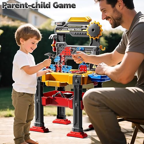 Miniatura 5 de Juego de herramientas de banco de trabajo 2 en 1 con sonido para niños pequeños de 3 a 5 años, 145 piezas, caja de herramientas educativa