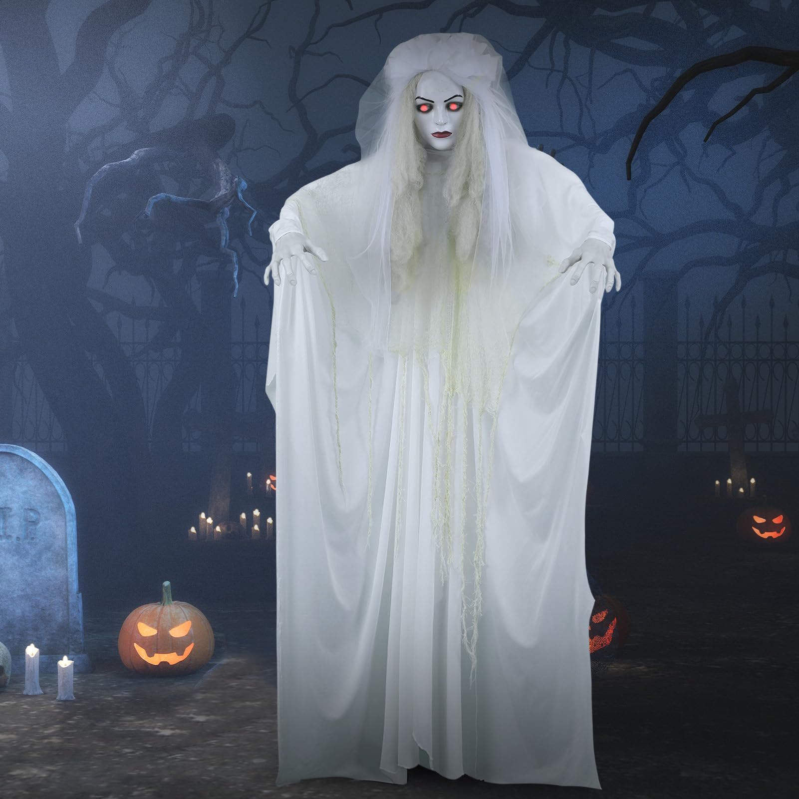 Seenelling 5.25Ft Halloween Bride Animatronic Life Size Ghost Girl Scary Decorations with Flashing Red Eyes Poseable Battery-Operated Screaming Bride Skull for Party Haunted House Prop Outside Indoor