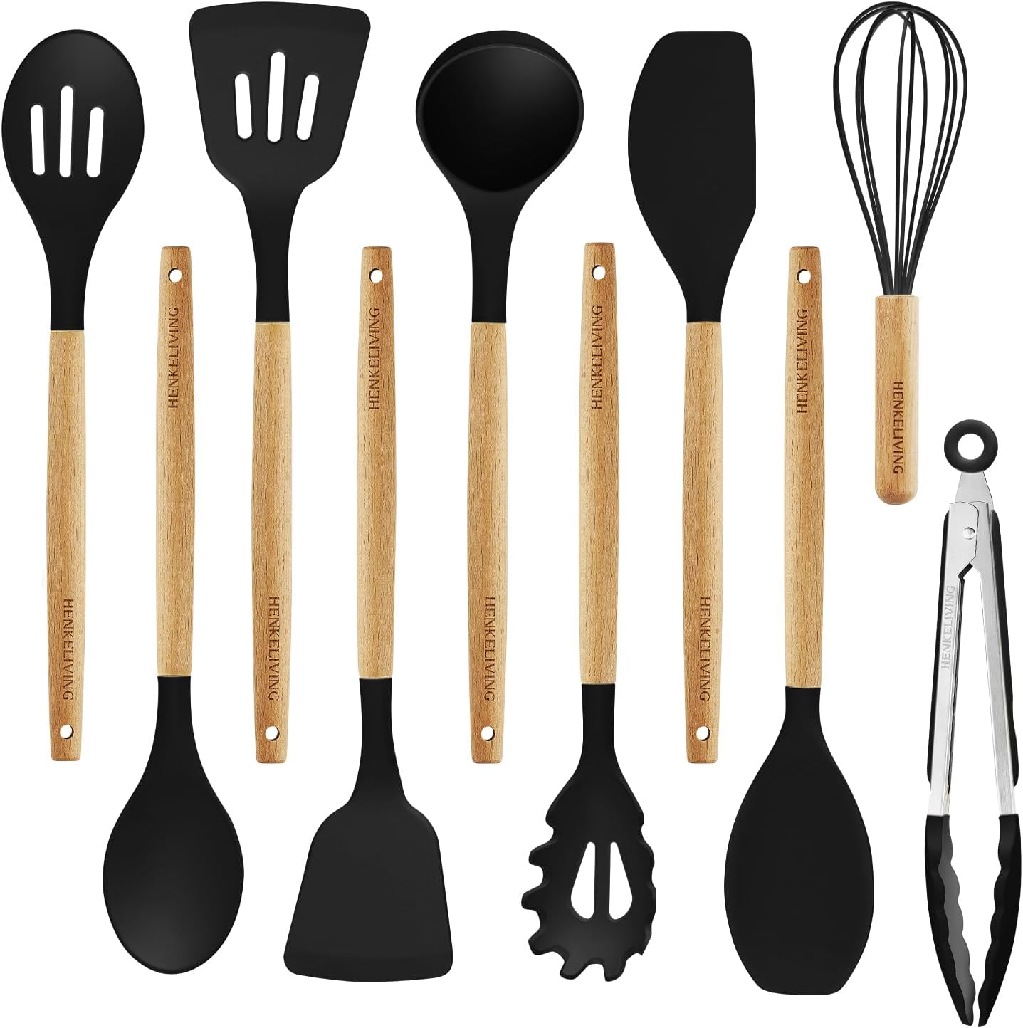 Silicone 10 Pcs Kitchen Cooking Utensils Set, Recycled Materials Certification, BPA Free Spatula Set with Heat Resistant Wood Handles for Nonstick Cookware, Black