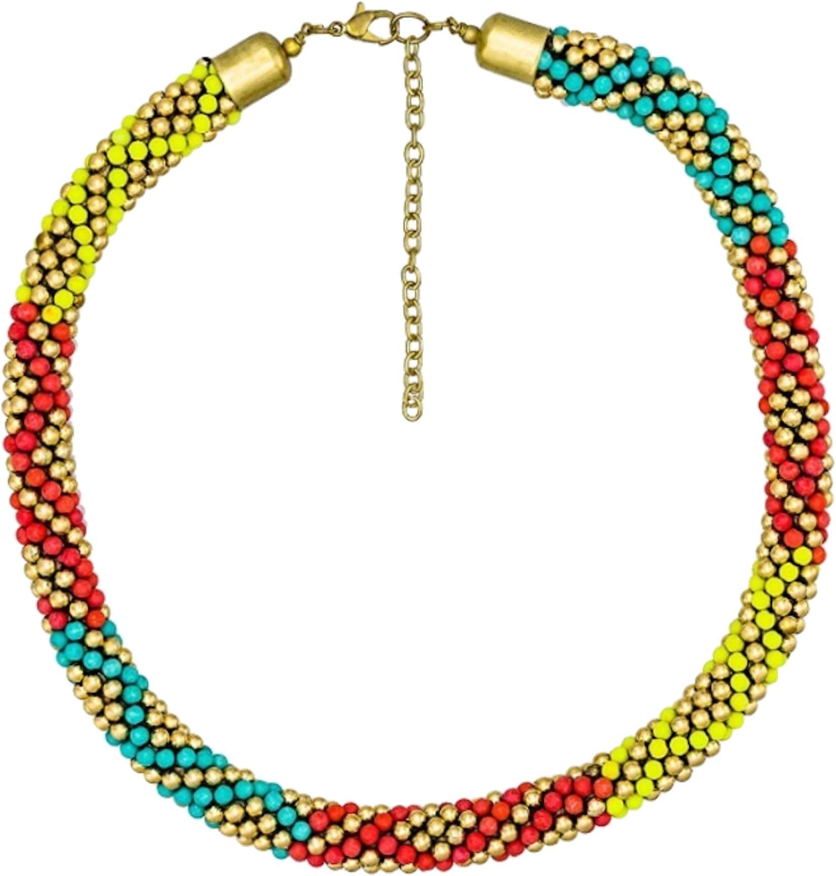 Bershka Ladies Necklace Gold, Turquoise, Lime Green and Flourescent Red Beads