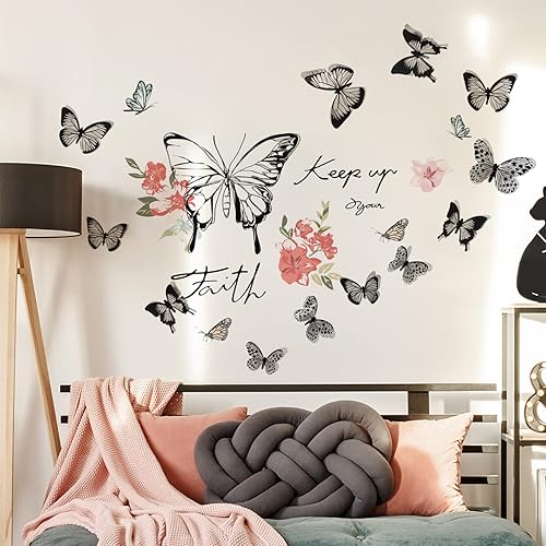 Decoración de pared con diseño de mariposas y flores, vinilo para despegar y pegar, calcomanías de arte de pared grande, decoración para sala de