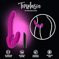 Vista 4 de Blush Temptasia Estella - Consolador vibrador curvado de silicona de 9.5 pulgadas, doble extremo sin tirantes, recargable, impermeable, profundo