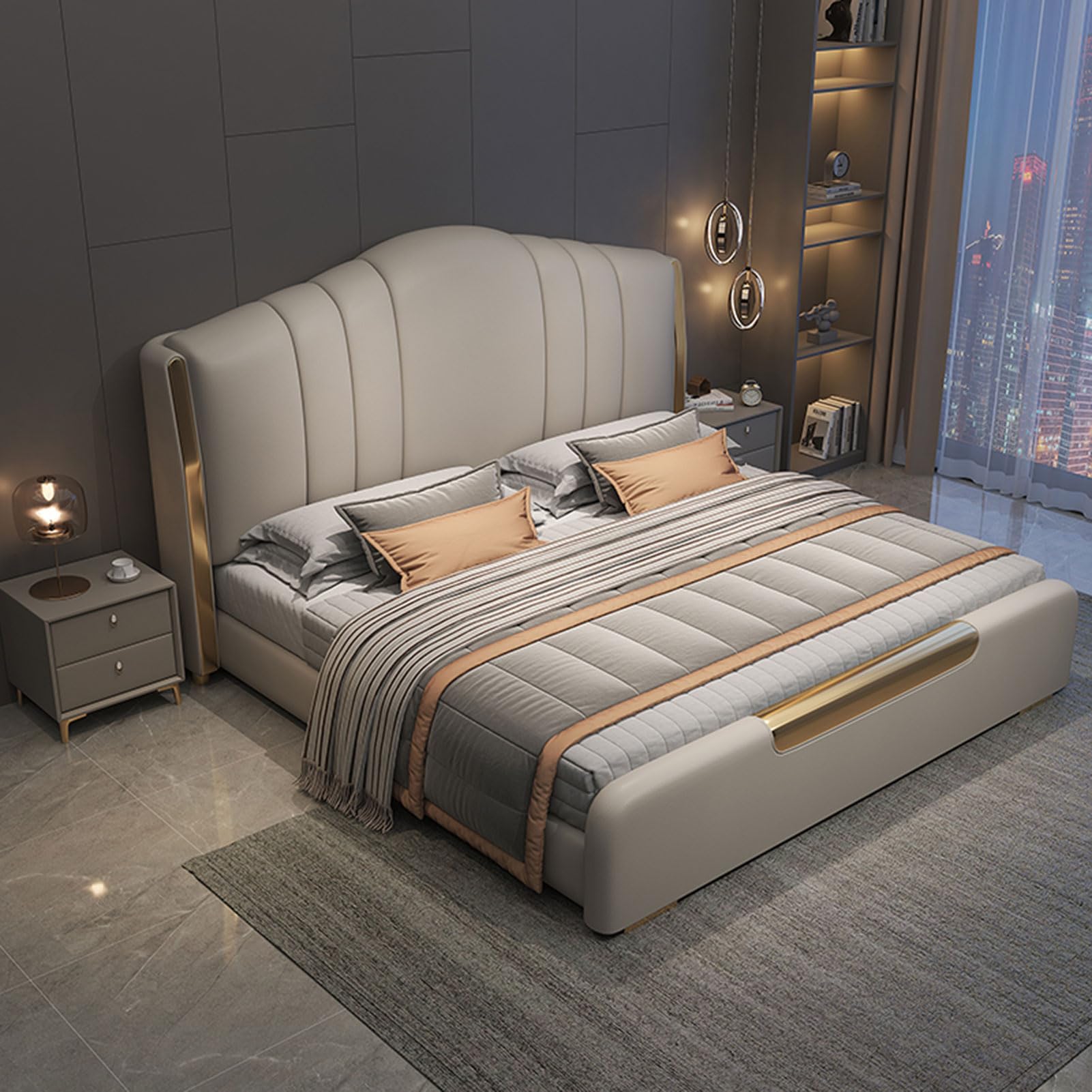 King Size Genuine Leather Wood Bed Upholstered Platform Bed Frame with Wingback Headboard and Storage Drawers Strong Wooden