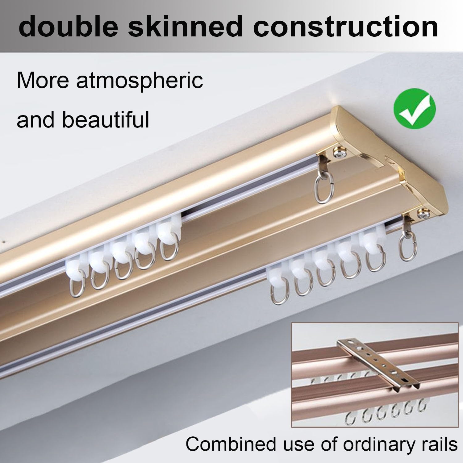 Heavy Du Aluminiowy zestaw gąsienic – 1,8 m, montowany na suficie, podwójne szyny 4 m, do salonu i sypialni, ścianka działowa - szampański h (330 cm / 10.8ft)
