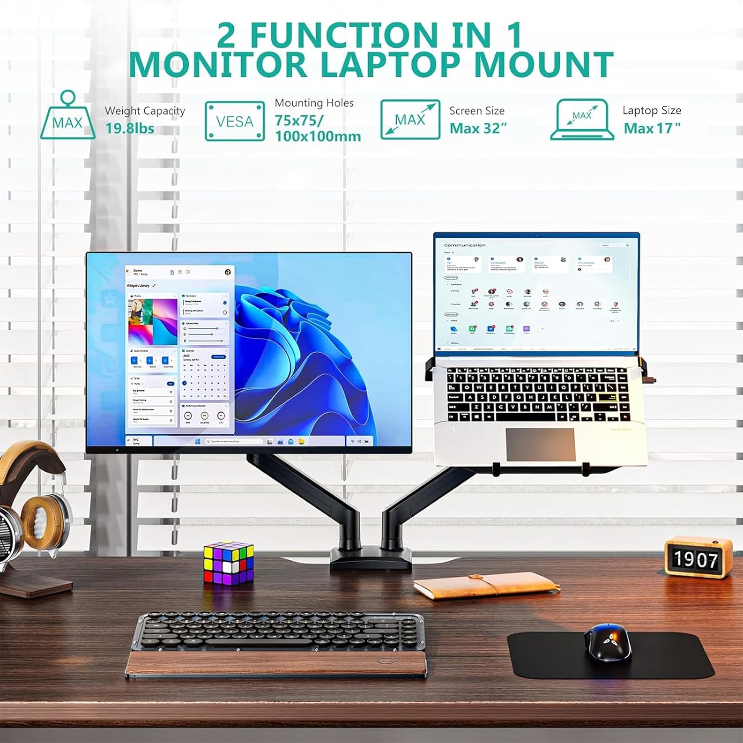 WALI Dual Arm Laptop and Monitor Desk Mount for 17" Notebook and Up to 32" Screen, Gas Spring Dual Monitor Arm with Laptop Tray, Holds up to 19.8 lbs per Arm, VESA 75x75 100x100, Black (GSMP002LP)