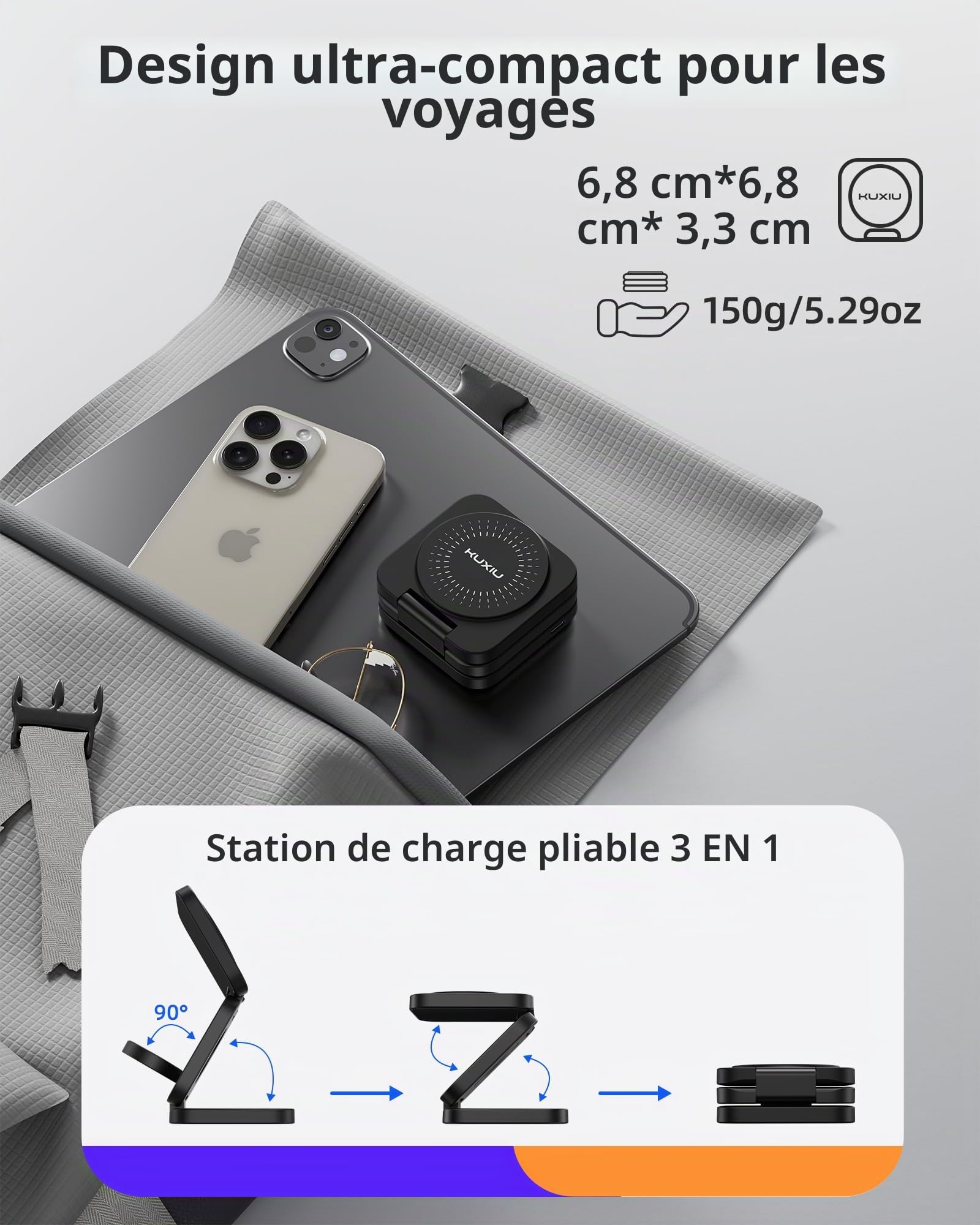 KU XIU X55 Turbo Qi2.2 25W Station de Charge pour Magsafe, Chargeur sans Fil Pliable 3 en 1, Support Chargeur Induction Magnétique pour iPhone 17-12 & Watch & AirPods, 45W Adaptateur Inclus, Noir