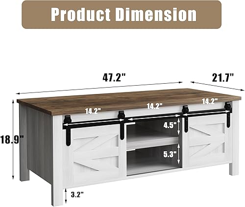 Miniatura 2 de Furmax Mesa de centro con almacenamiento y puertas corredizas de granero, mesa de sala de estar de granja con estantes ajustables, mesa central