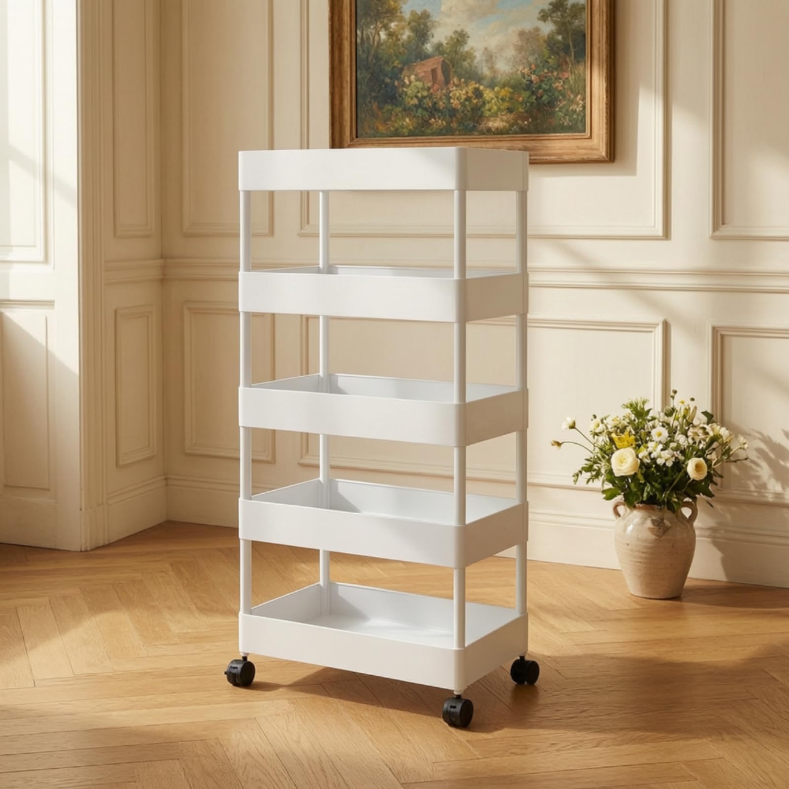 Scaffale Portaoggetti Portatile Carrello Organizzatore Ripiani Scaffalatura Mobile Contenitore Verticale in Plastica con Binari Laterali per Borse E, Bianco, size to 6