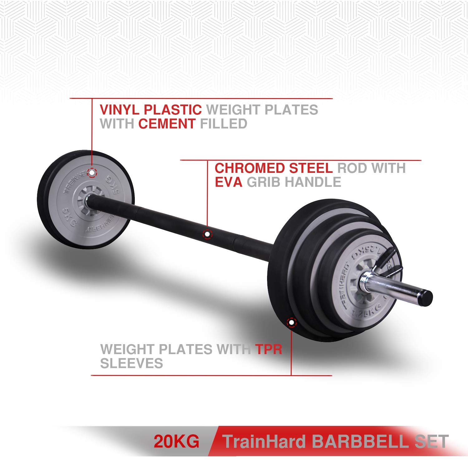 TrainHard 20 kg Hantelset mit federgeschlossenen Hantelstangen inklusive 6 Hantelscheiben, 140 cm Langhantelstangen, Gewichtheben, Fitness-Krafttraining, Nackenschutz, Rutschfestigkeit und Schutzboden