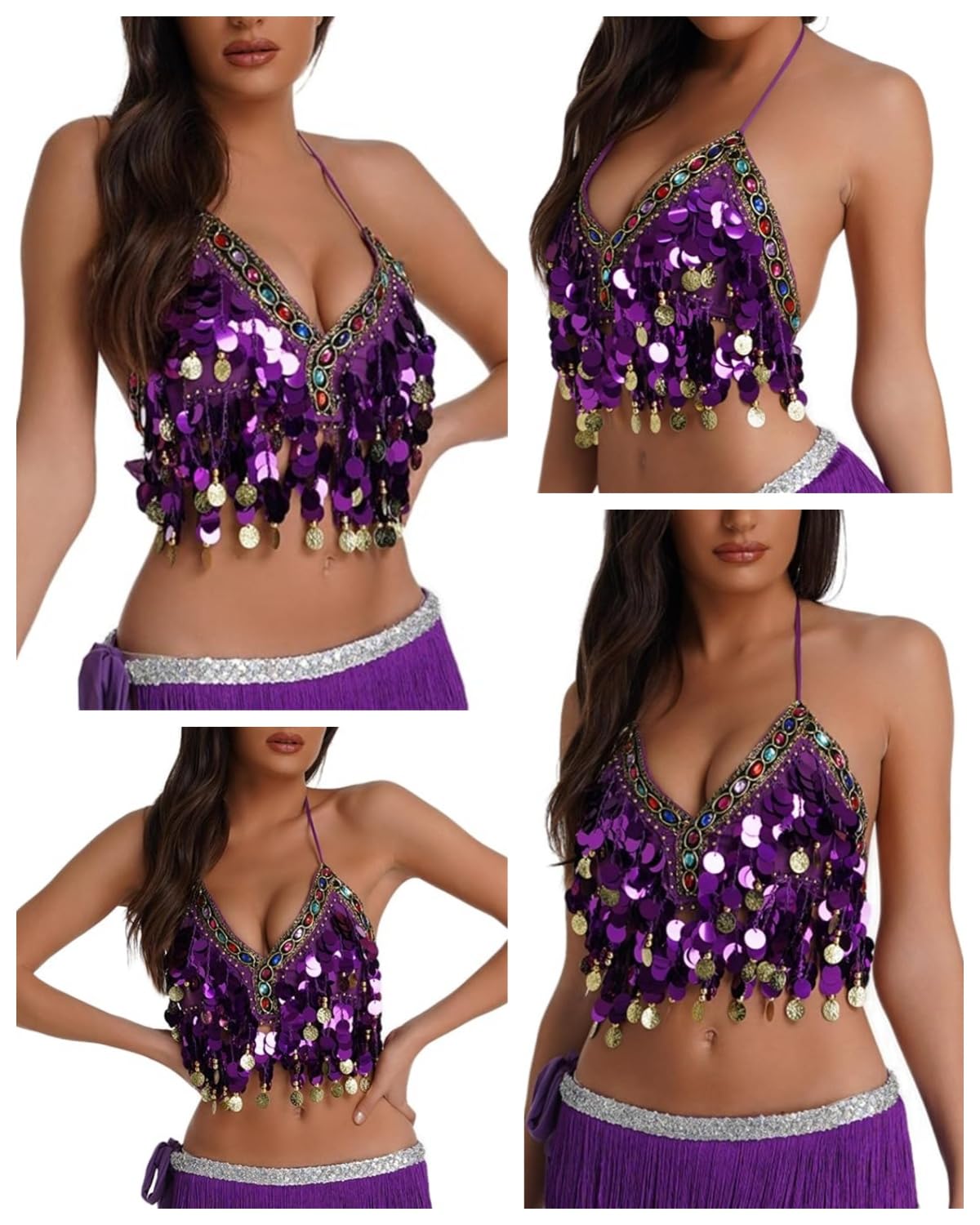 Sujetador con lentejuelas para danza del vientre, top corto brillante cuello halter flecos