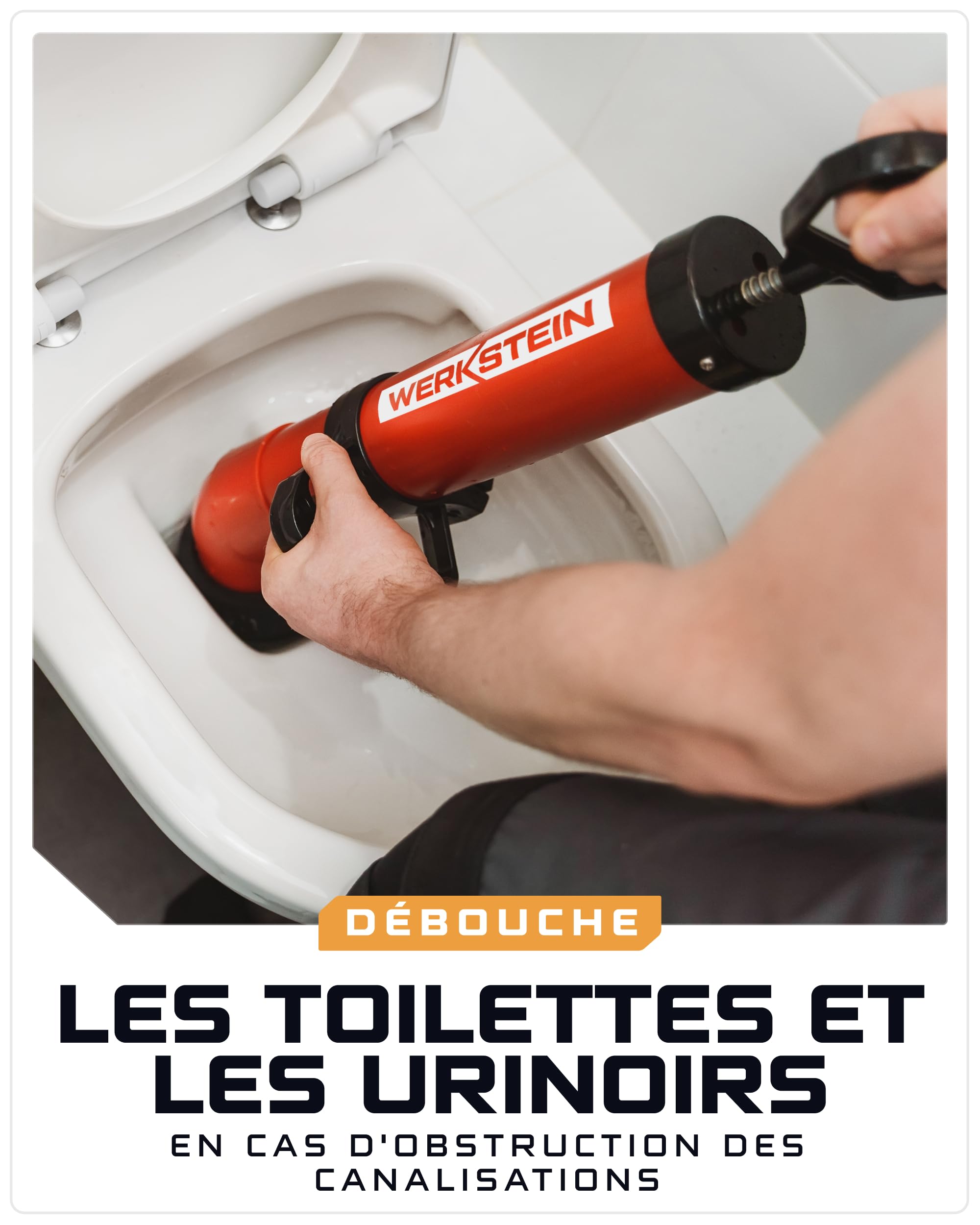 WERKSTEIN Pistolet à déboucher à air comprimé I Nettoyant déboucheur de haute qualité I Piston de pompe de vidange I Pour un nettoyage rapide et efficace des conduits I Avec 2 adaptateurs inclus