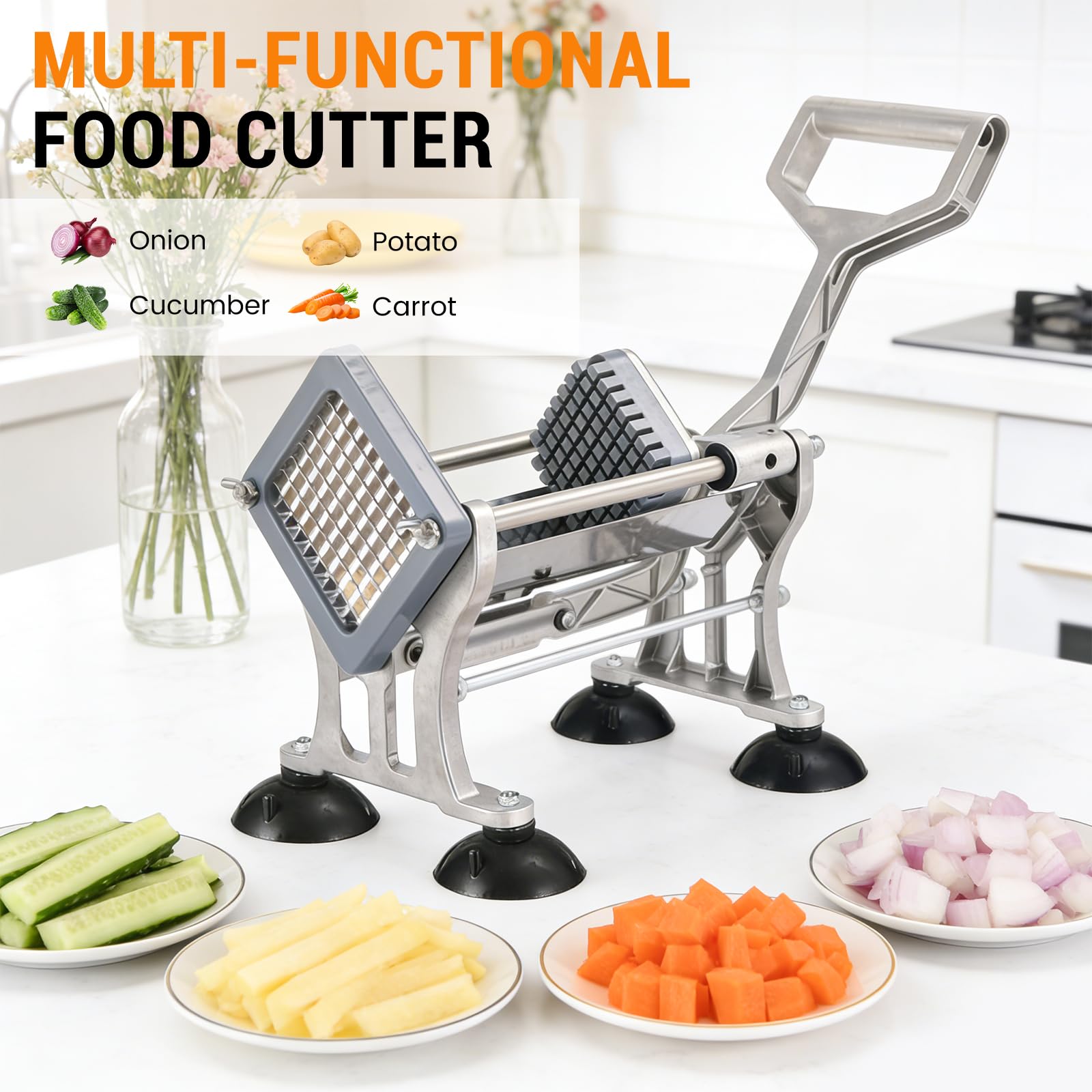 Pommesschneider, Professionell Kartoffelschneider mit 6mm, 9mm, 13mm Klingen aus Edelstahl, Pommes Frites Schneider Manuell mit Saugnapfbasis, Geeignet für Kartoffel Karotte Gurke Zwiebel