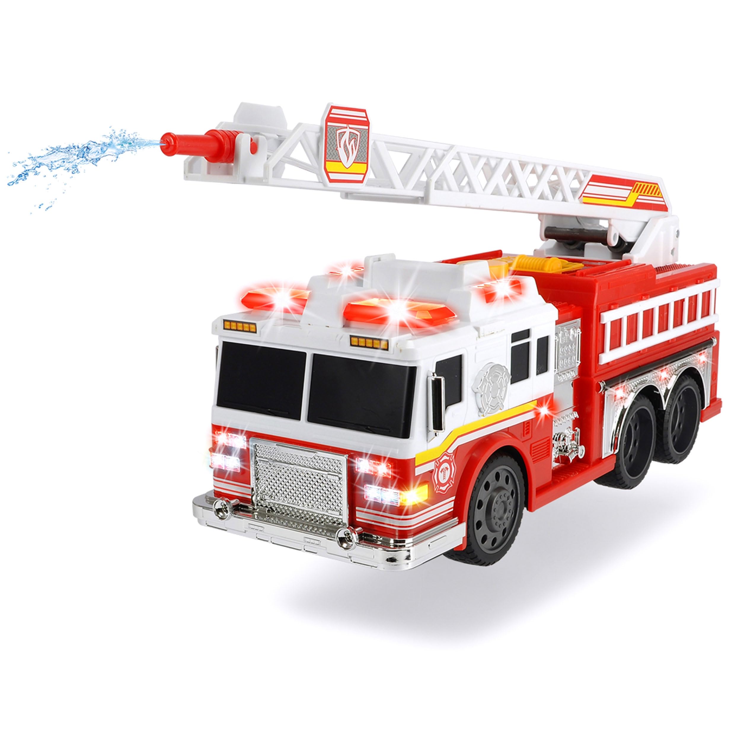 Dickie Toys Fire Commander, camion dei vigili del fuoco, camion dei vigili del fuoco, con funzione di spruzzo d'acqua, scala, luce e suono, batterie incluse, 36 cm, dai 3 anni in su