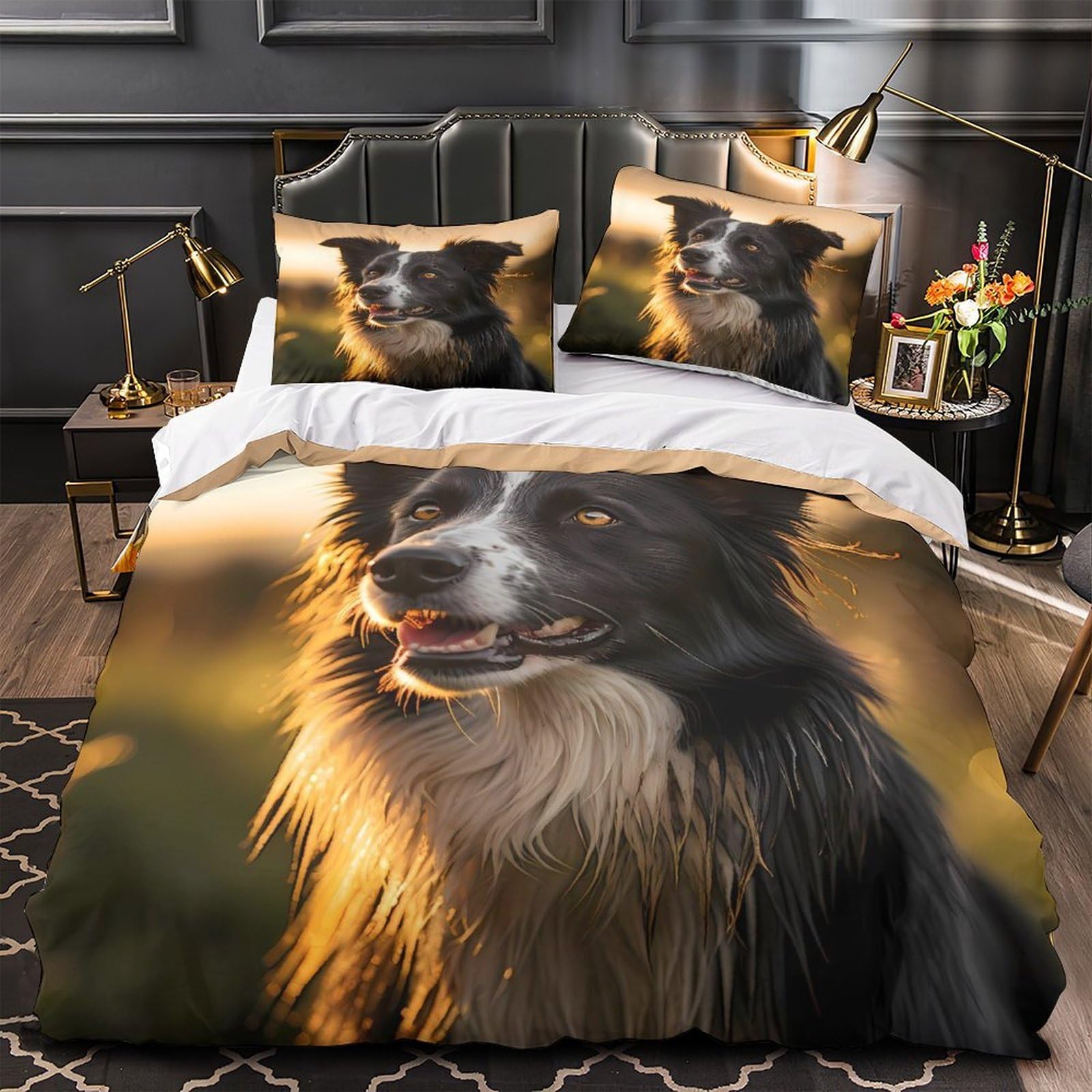 Linge de lit Border Collie 3D en microfibre résistante et de qualité supérieure pour lit King