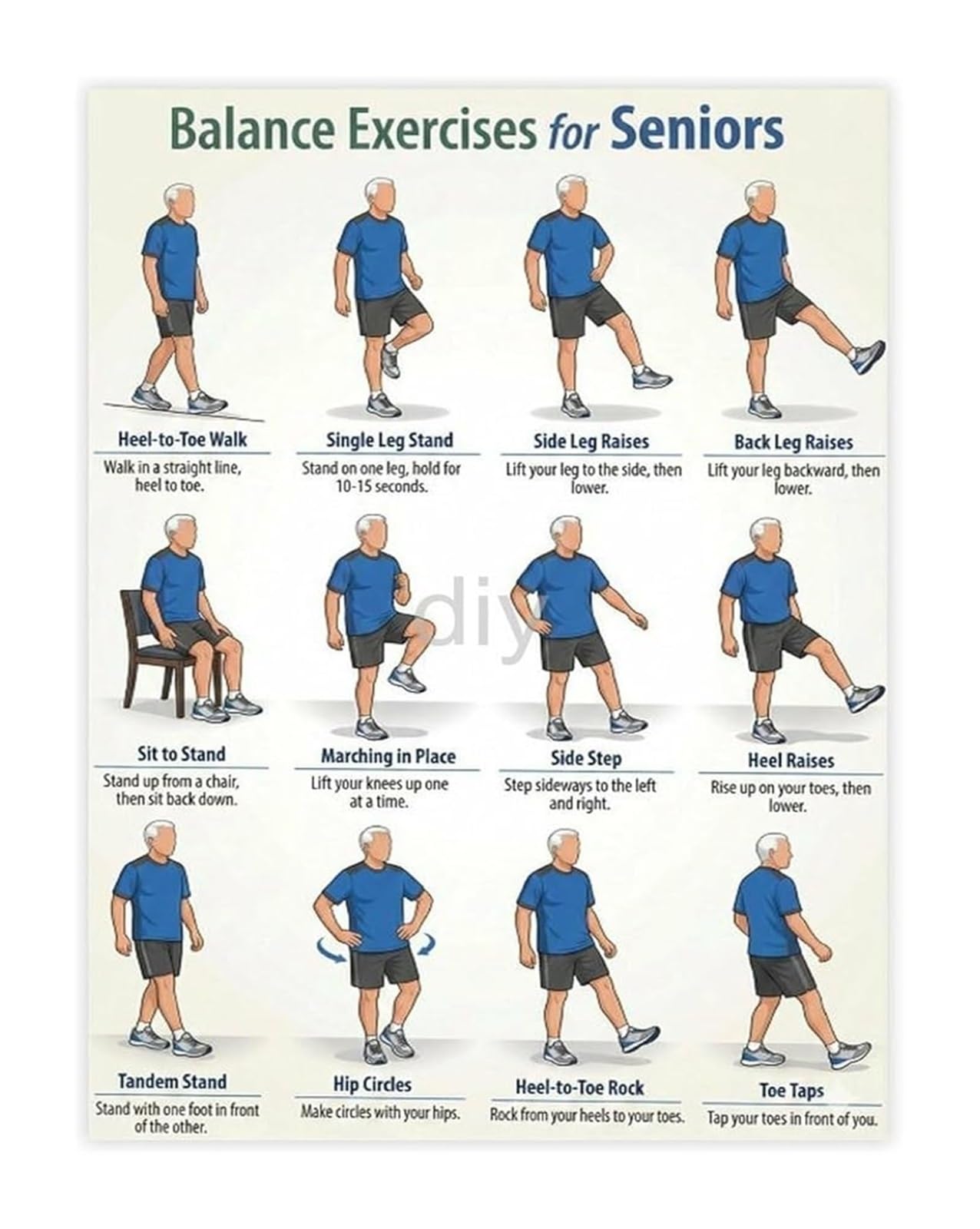 SSOPTMCB Balance Exercises for Seniors Fall Prevention and Mobility Workout Guide Canvas Wall-Art for Senior Center(Framed,08x12inch(20x30cm))