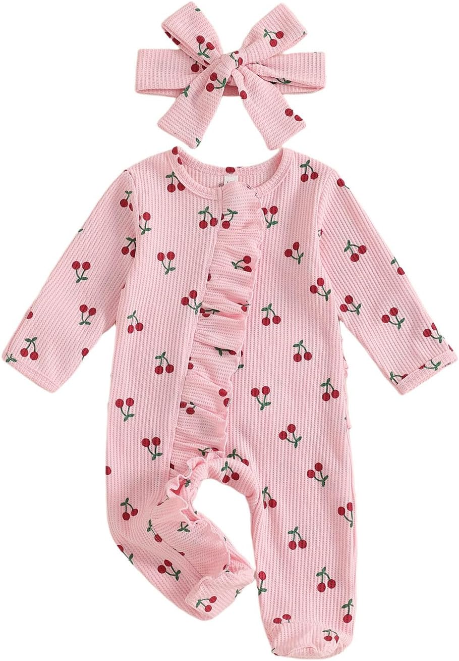 Infant Baby Girl Outfit Newborn Long Sleeve Zipper Cherry Romper Waffle Knit Footie Jumpsuit Fall Winter Clothes