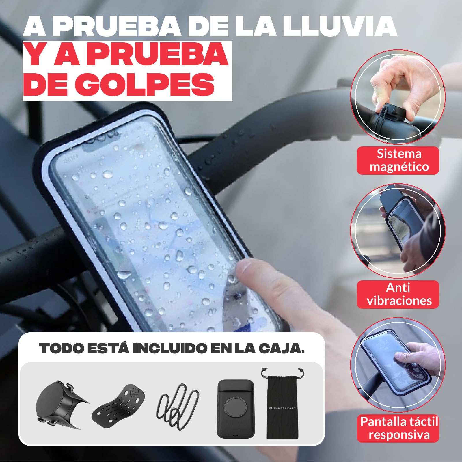 Shapeheart Soporte Teléfono Bicicleta Magnético - Funda Impermeable Táctil XL - Fijación Manillar Universal para MTB, Patinete Eléctrico - Carcasa Móvil Extraíble - Instalación Rápida y Estable