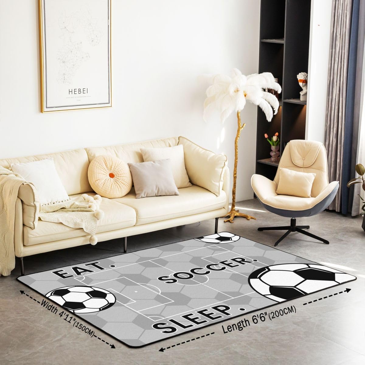 Erosebridal Soccer Ball Area Rug 6'6" x 4'11" Grey Football Living Room Rugs Modern Soccer Field Decorative Carpet Football Sports Ball Game Indoor Floor Mat