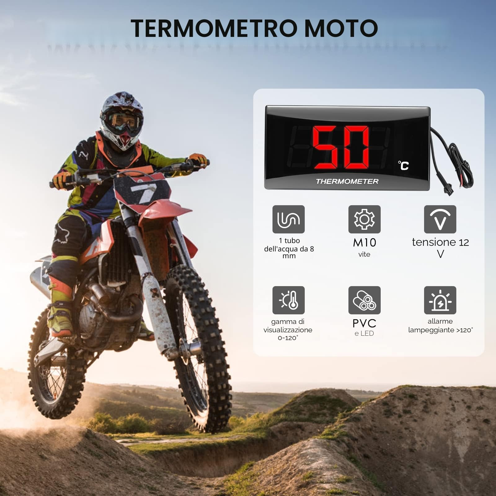 Termometro Digitale per Moto, Sensore Temperatura Sonda Metallica, Termometro Acqua Motore, Termometro Moto Impermeabile con Impermeabile Display digitale a LED (18mm)