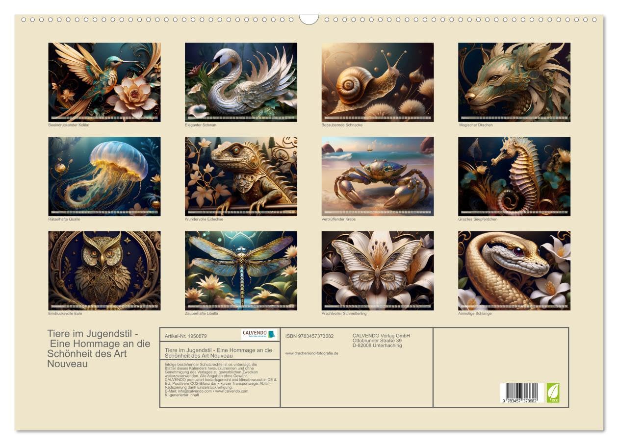 Tiere im Jugendstil - Eine Hommage an die Schönheit des Art Nouveau (Wandkalender 2026 DIN A2 quer), CALVENDO Monatskalender: Wertschätzung für die ... der Ästhetik des Jugendstils (CALVENDO Tiere)