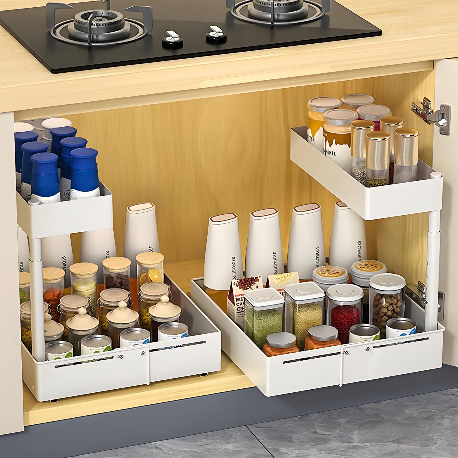 Under Sink Organiser,2 Tier Pull Out Cabinet Organiser,Height Adjustable Out Cabinet Drawer,Multi-Purpose Slide Out Storage Shelves for Home,Kitchen,Bathroom (White) (White)