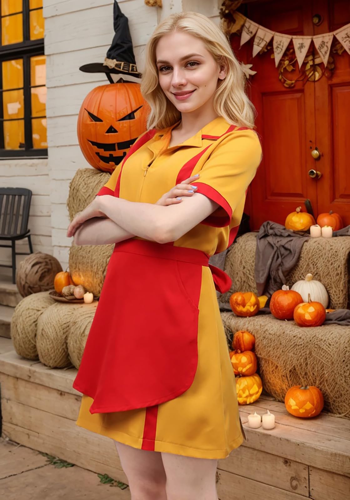GOLDSTITCH Żółty kostium kelnerki, damski kostium, cosplay, Halloween, kostium