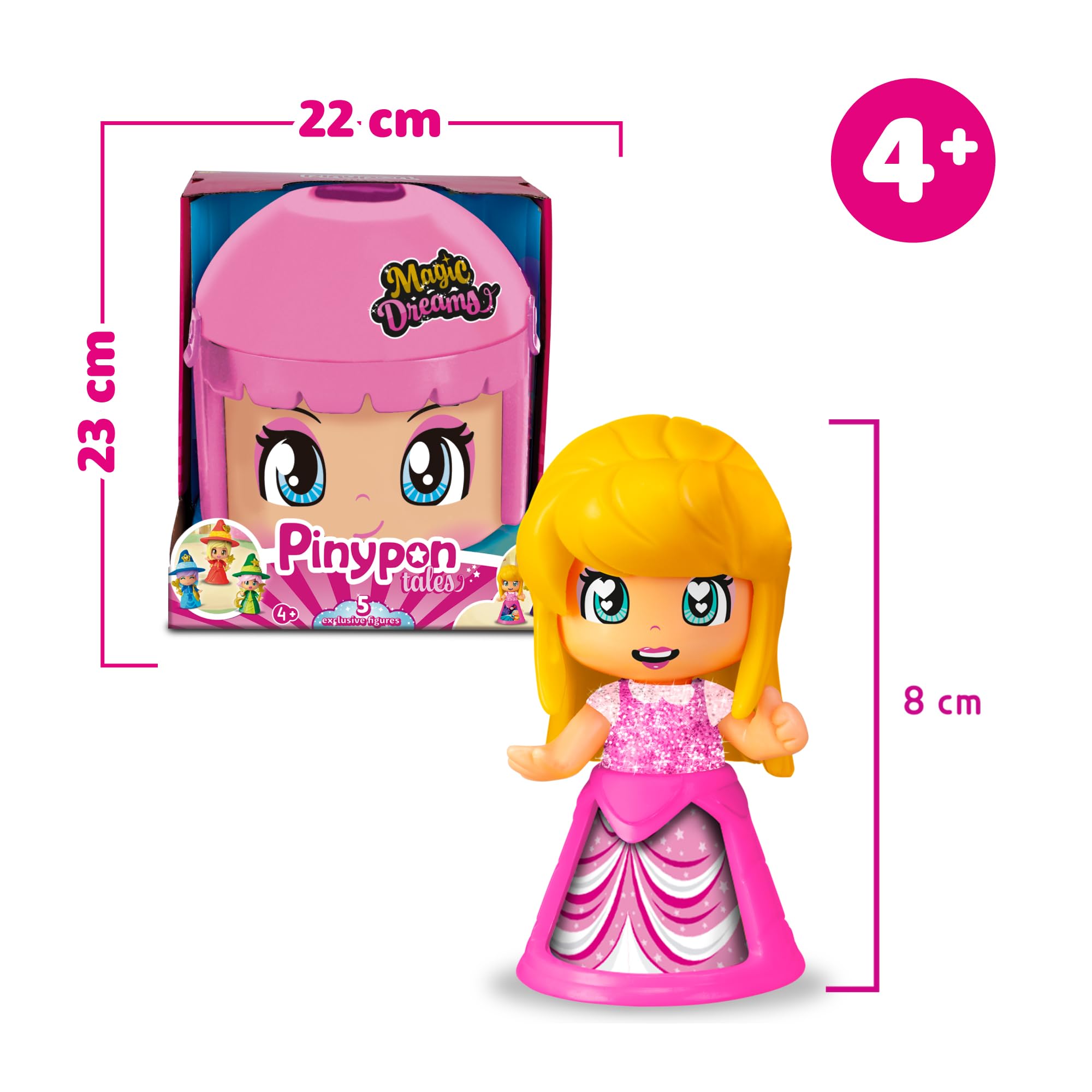 Pinypon - Magic Dreams, 5 Figuras Exclusivas con los Personajes Principales de la Bella Durmiente, Incluye Pequeños Accesorios, Contenedor y Bandeja con Compartimentos, +3 años, Famosa (PNY88000)