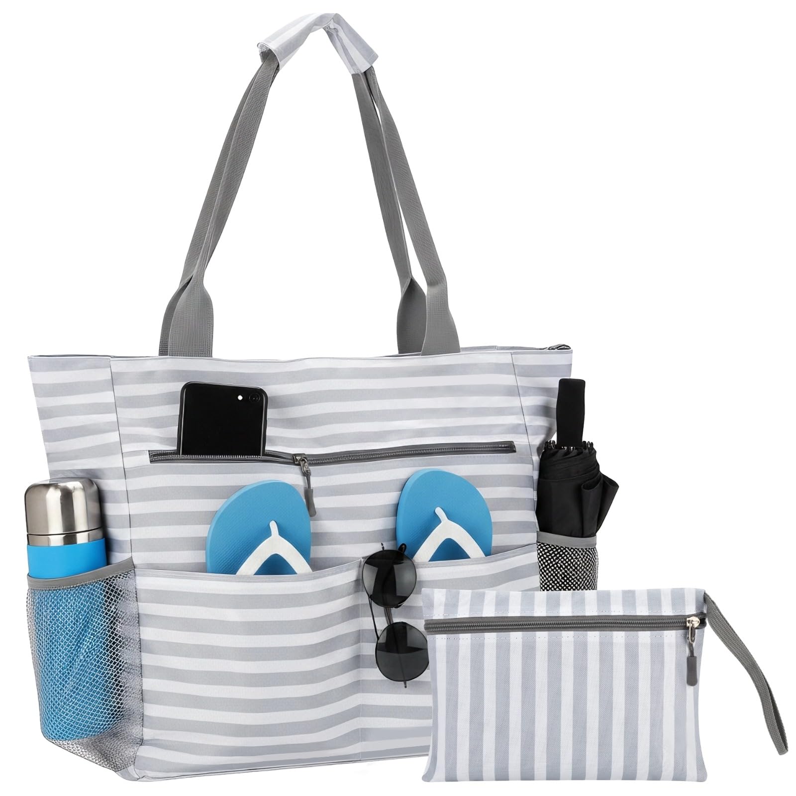 Bolsa de playa para mujer con bolsa de muñeca y compartimentos interiores 5