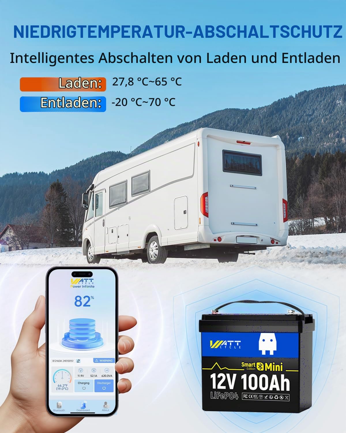 WattCycle 12V 100Ah Mini LiFePO4 Bluetooth, 1280Wh Lithium Batterie 12V | 100A BMS Low Temperature Schutz,und Max. 15000 Zyklens für Wohnmobil,Solaranlage,Wohnwagen