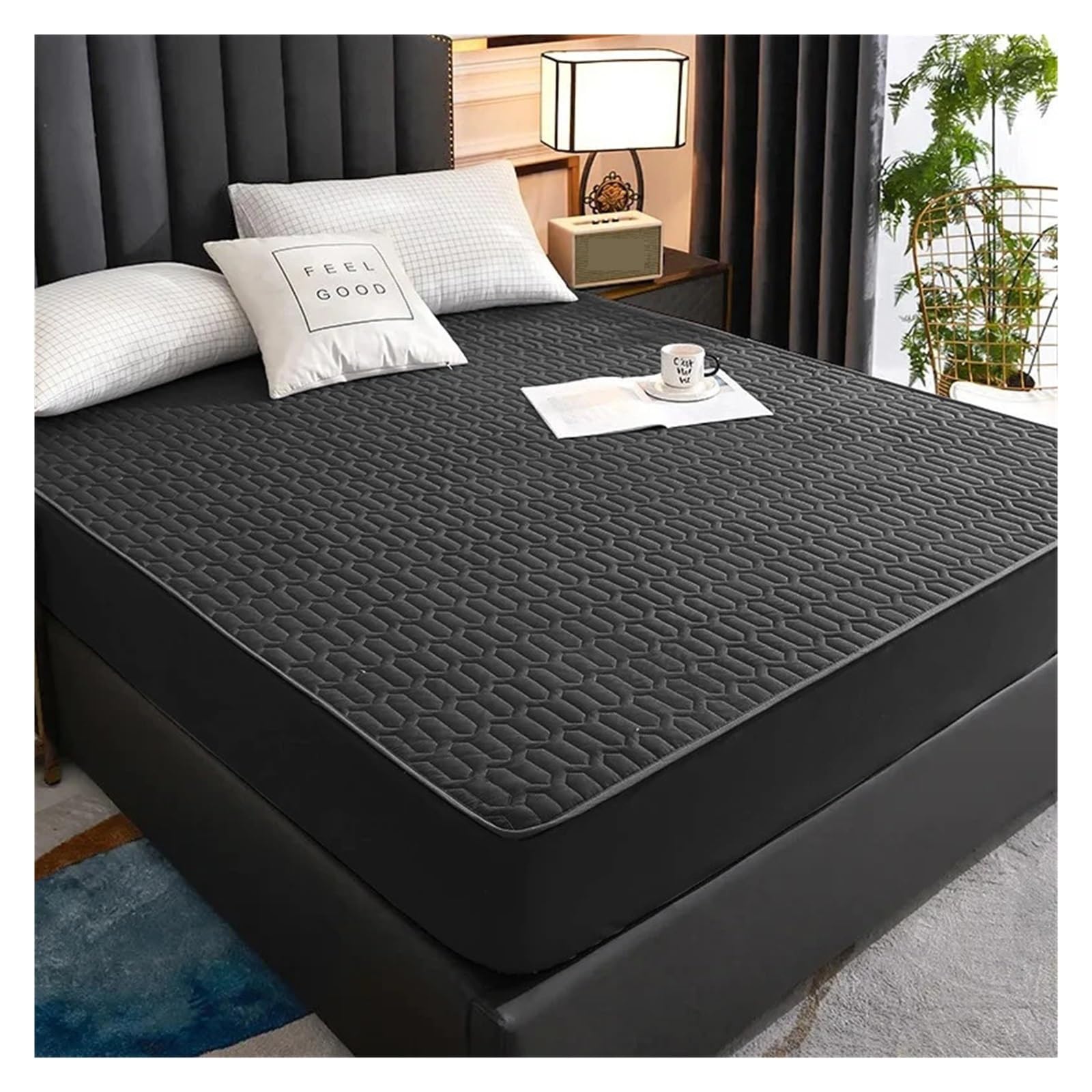 Betthusse aus Baumwolle Wasserdichter, Dicker Matratzenbezug, Gesteppte Latexmatte, Bettdecken, Polsterung, hautfreundlicher Spannbetttuchschutz, Tagesdecke(Black,90x200x30cm)