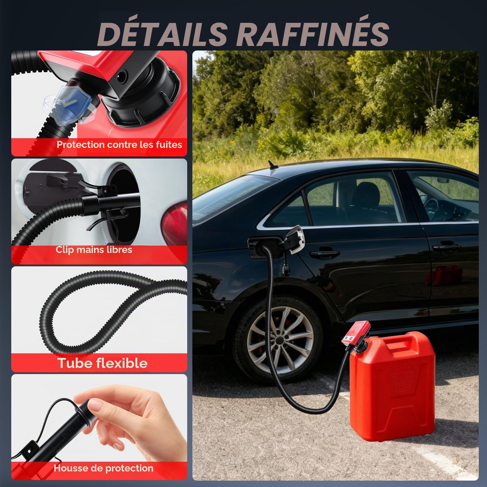Pompe de Transfert de Carburant Électrique, 3.2 GPM (12 L/min) | Capteur d'arrêt Automatique,Tuyau 1.3m,4 Adaptateurs,Rechargeable,Tête de pompe de 28 mm,3 Options D'Alimentation Électrique