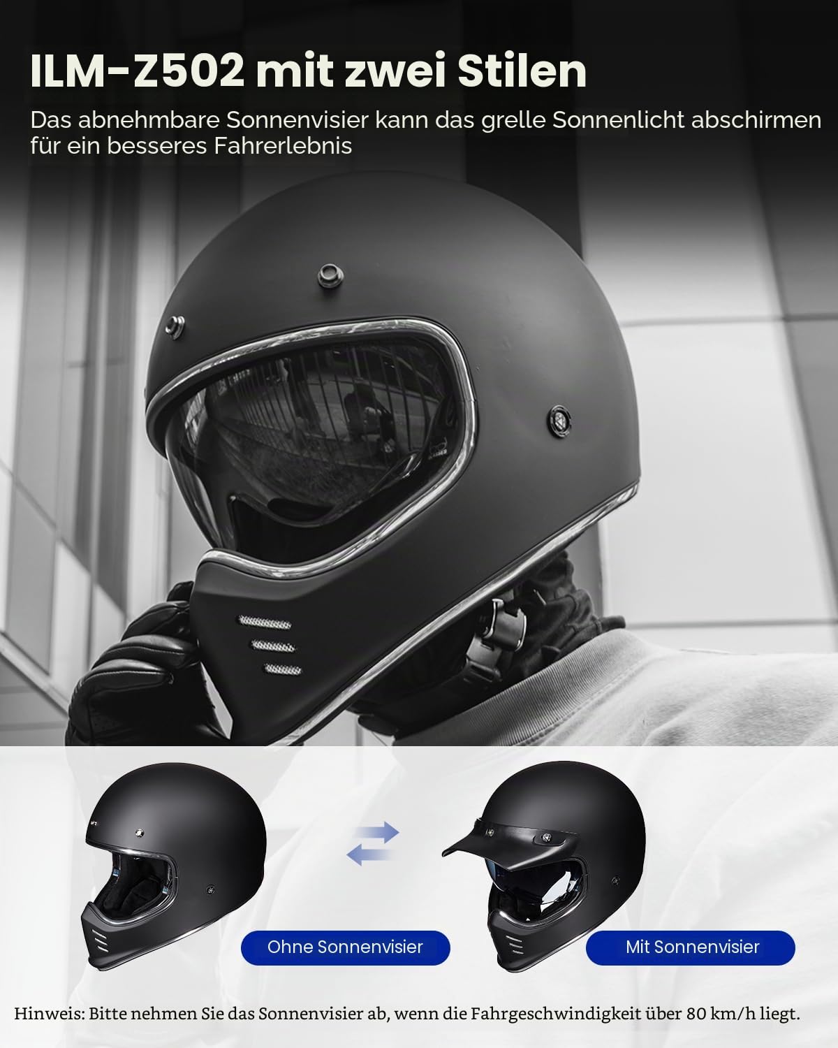 ILM Vintage Motorradhelm Männer Frauen Innenvisier Kompatibel für ATV Cruiser Scooter ECE22.06 Z502