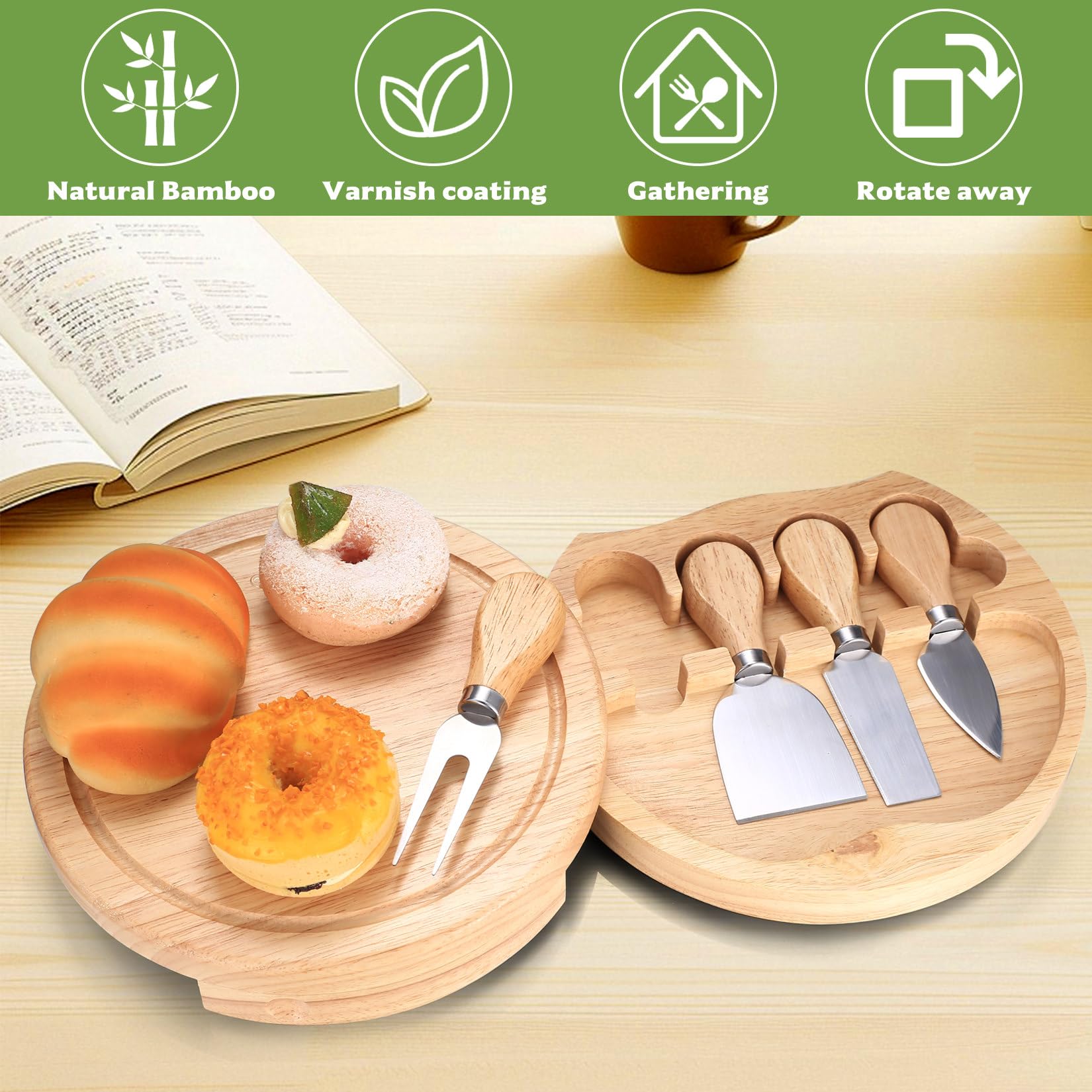 Plateau Fromage, Plateau à Fromages en Bois avec Couteaux à Fromage, Pplateau Aperitif Rotatif Pivotant, Plateaux de Service Portables pour Pique-niques, Fêtes, Fruits, Légumes
